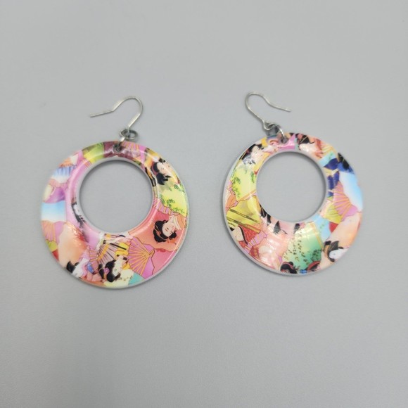 Vintage Japanese Geisha Earrings 2" Dangle Hoop Asian - Picture 9 of 9